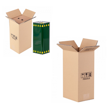 Scatola color avana per latta d'olio, mostrato aperto ed in uso